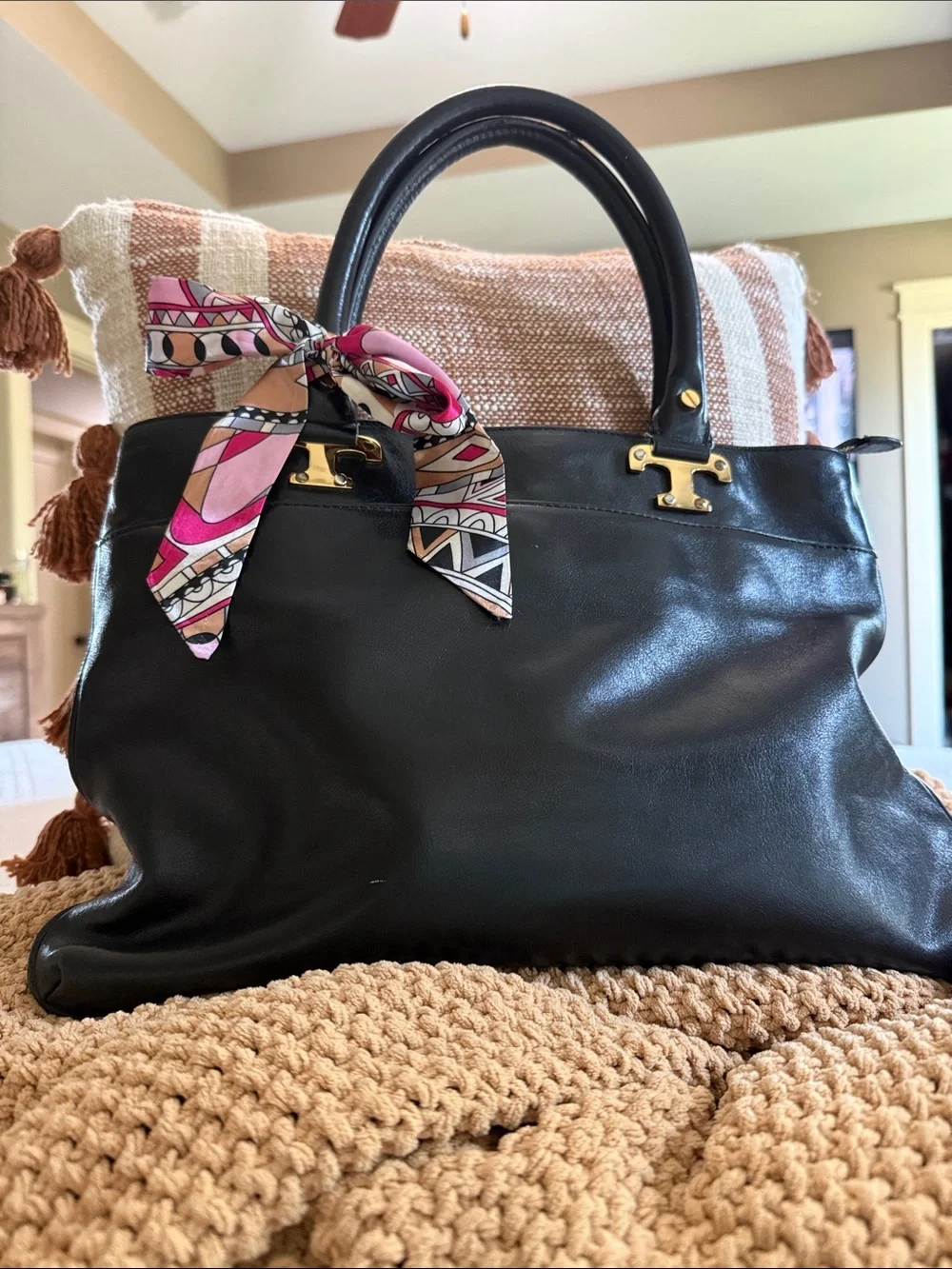 Tory Burch Black Leather Satchel with Pink Patterned Scarf